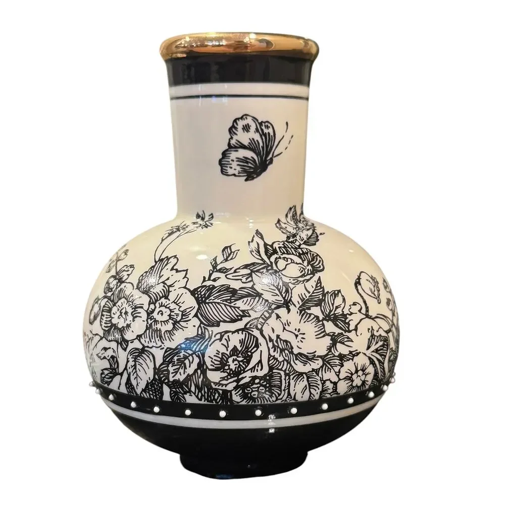 Mud Pie Small Black & White Floral Butterfly Bud Vase Gold Rim 5.25